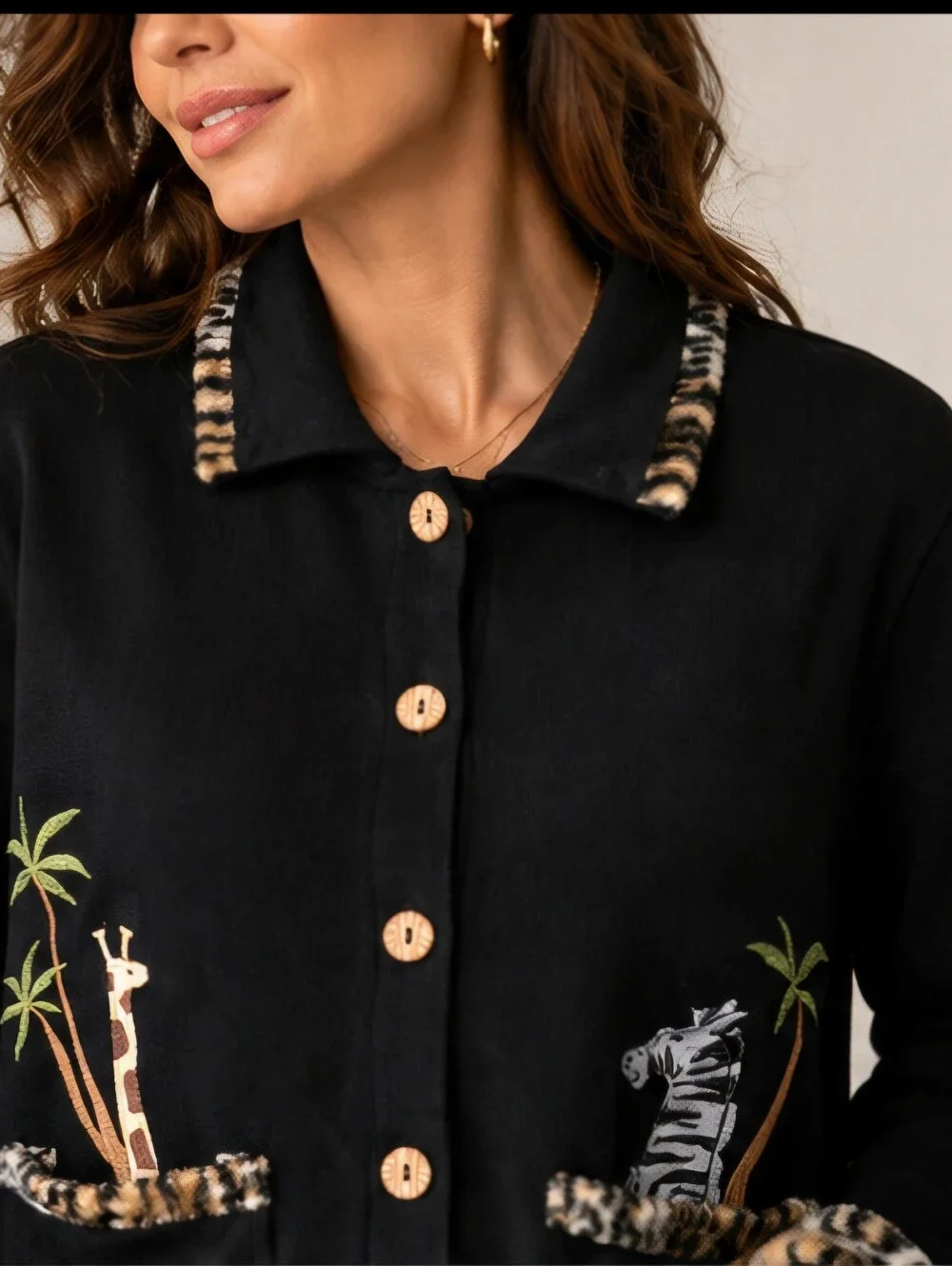 Onque Casuals Y2K Giraffe Zebra Safari Cardigan Jacket Black M